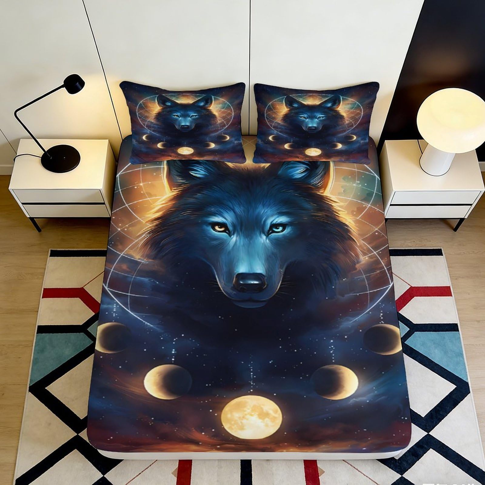 3D Printed Mystic Wolf Fitted Sheet Microfiber Soft Breathable Moon Phase Mattress Cover for Bedroom Dorm Decor 90x200x25cm