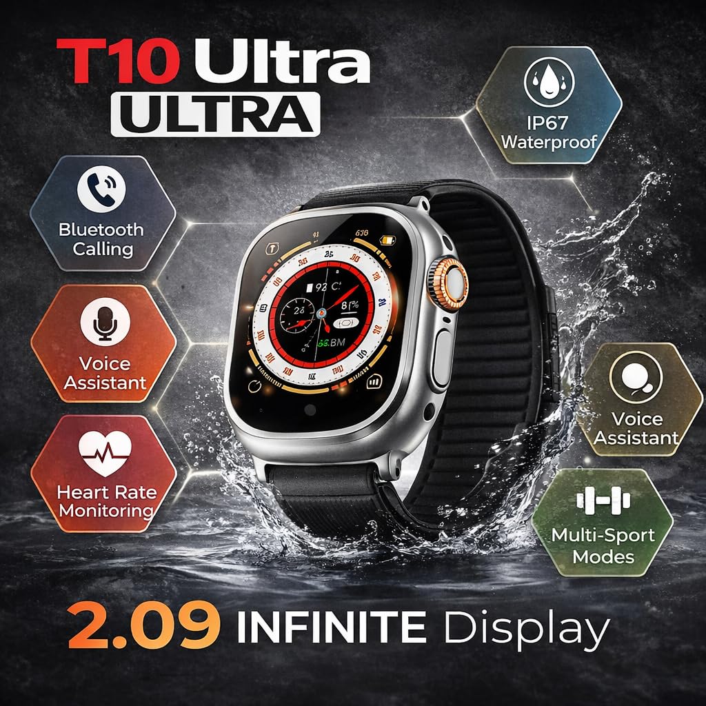 ar T10 Ultra Smart Watch with icons highlighting features like IP67 waterproof, Bluetooth calling, voice assistant, heart rate monitoring, and multi-sport modes.