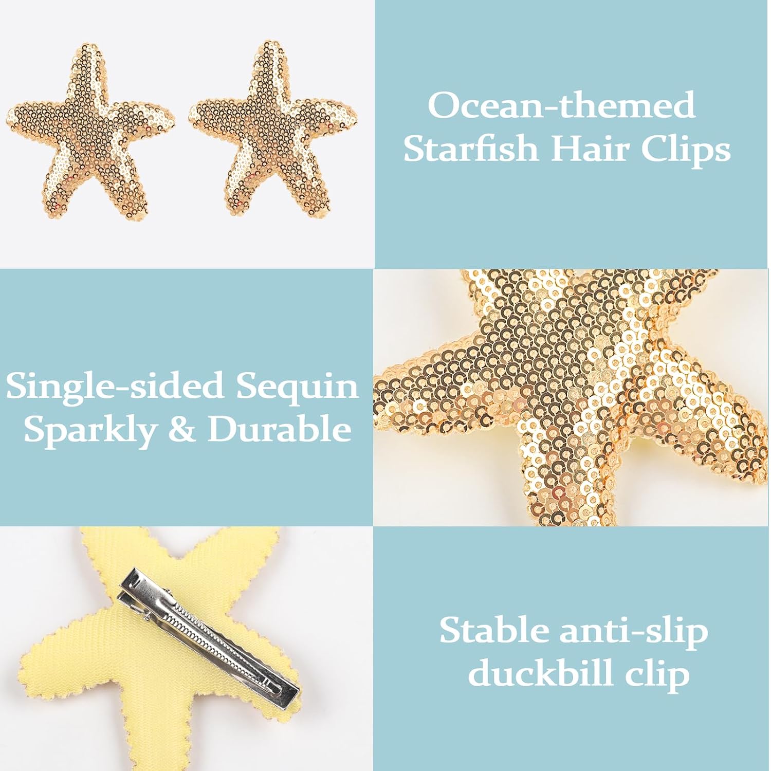 Starfish Hair Clips Gold Sequin Hair Pins Sea Star Hair Barrettes Sparkly Beach Alligator Clips for Women Girls Summer Vacation Pool Party Mermaid Costume Hair Accessories 2PCS image 5