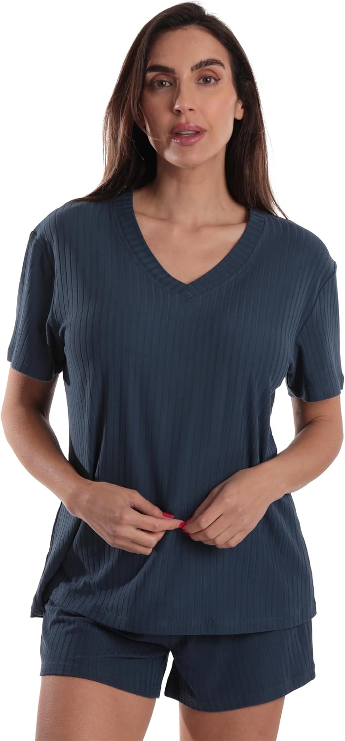 Just Love Women's Pajama Short Set, Stretch Jersey V-Neck Sleepwear with Elastic Waist Shorts image 5