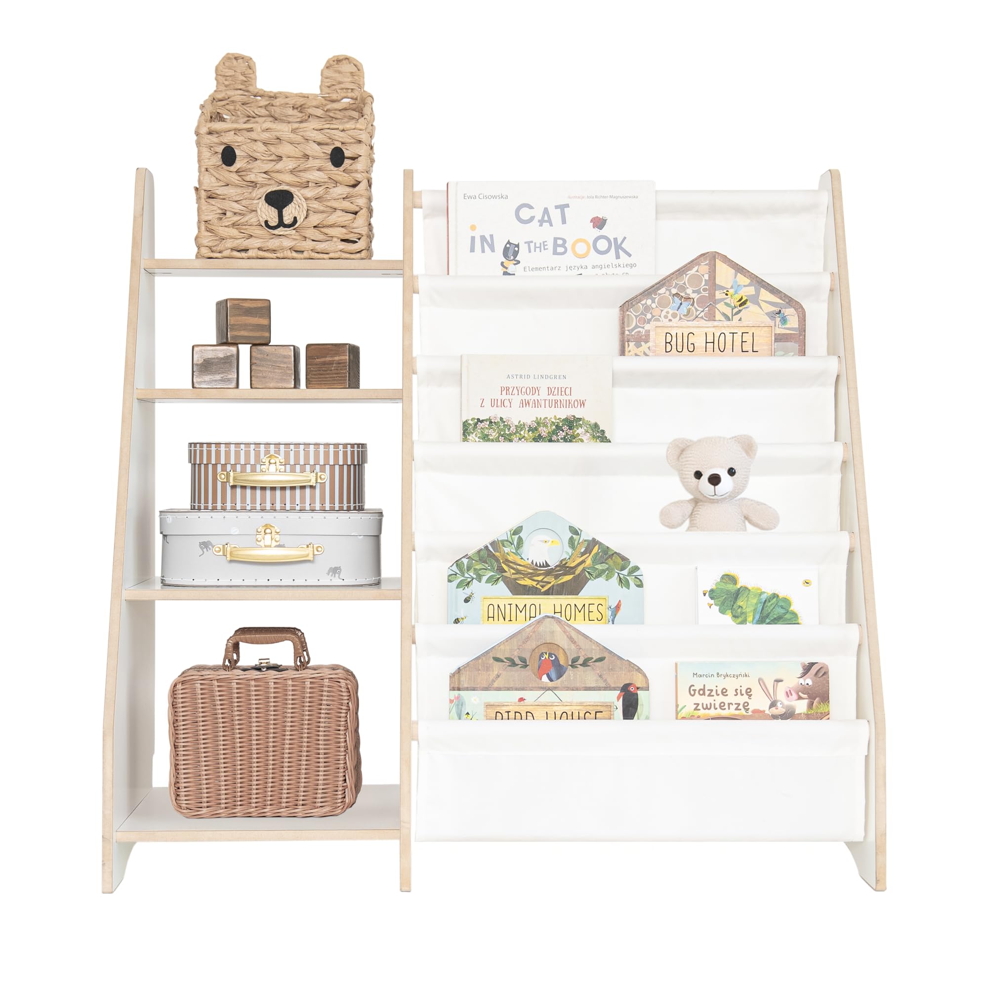 MAMOI® Bücher- und Spielzeugregal für Kinder, funktionales 2-in-1-Regal, Organizer mit Ablagen und Stofftaschen, Kinderbibliothek, Möbel im Montessori-Stil, 100% ökologisch, hergestellt in der EU