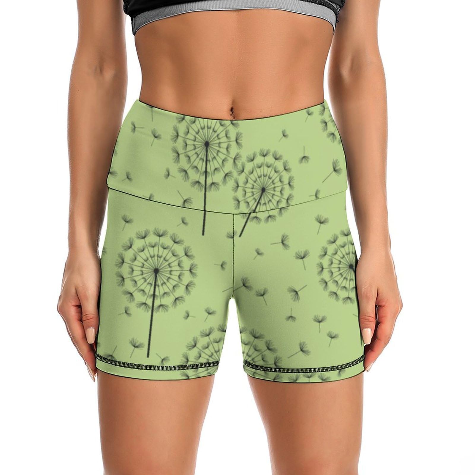Flower of Dandelion Pattern High Waist Yoga Shorts for Women Athletic Shorts Leggings Running Pants Black