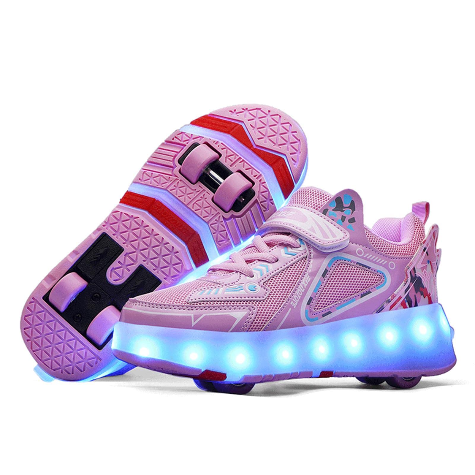 TECDOTO Zapatillas con Ruedas, USB Recargable Zapatos de Patines para Niños Niñas Niños Regalo Luz LED 4 Ruedas Zapatos Patines,Pink-38EU