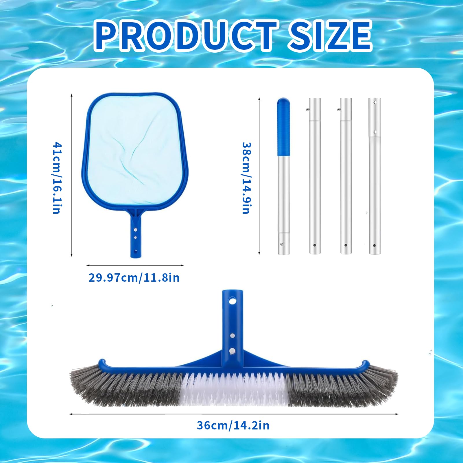 Kit de nettoyage de piscine, filet de 150 cm, brosse de piscine en maille fine avec poteau en aluminium de 119,4 cm pour maison, jardin, étang, spa (brosse de piscine + filet)