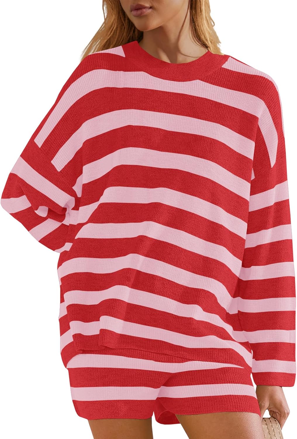 Panadila Womens Striped Sweater Set Oversized Lounge Sets Matching Pajamas Long Sleeve Sweater Top and Shorts - Image 2