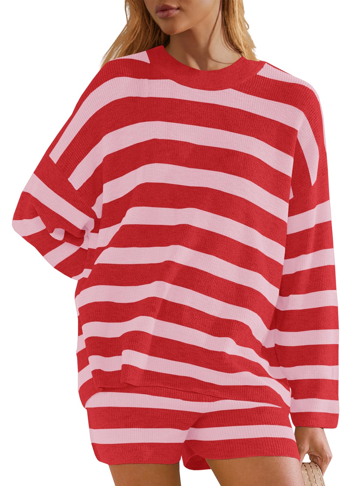 Panadila Pigiama da Donna a Righe Oversize con Maniche Lunghe, Top e Pantaloncini