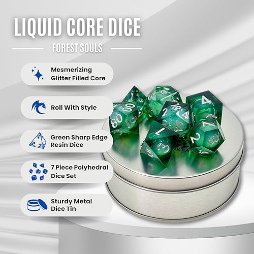 Miniatura 2 de Sage's Portal Souls Liquid Core - Juego de 7 dados poliédricos DND de resina de borde afilado para Dungeons and Dragons, RPG de mesa TTRPG (Forest