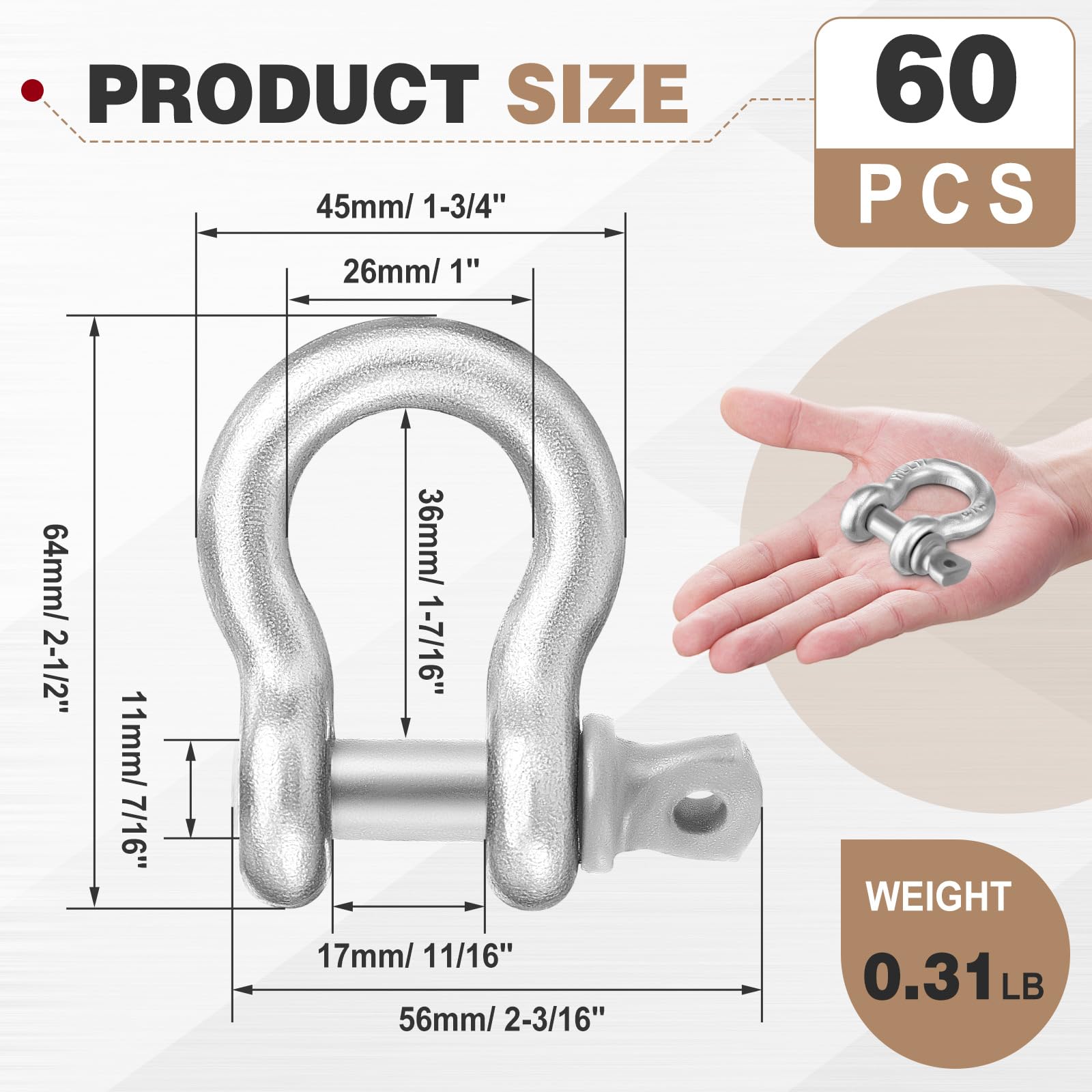 Confezione da 60 grilli ad anello a D da 3/8", in acciaio al carbonio zincato, con perno a vite, grilli a D, per uso marittimo, minerario, forestale, trasporto terrestre, uso domestico