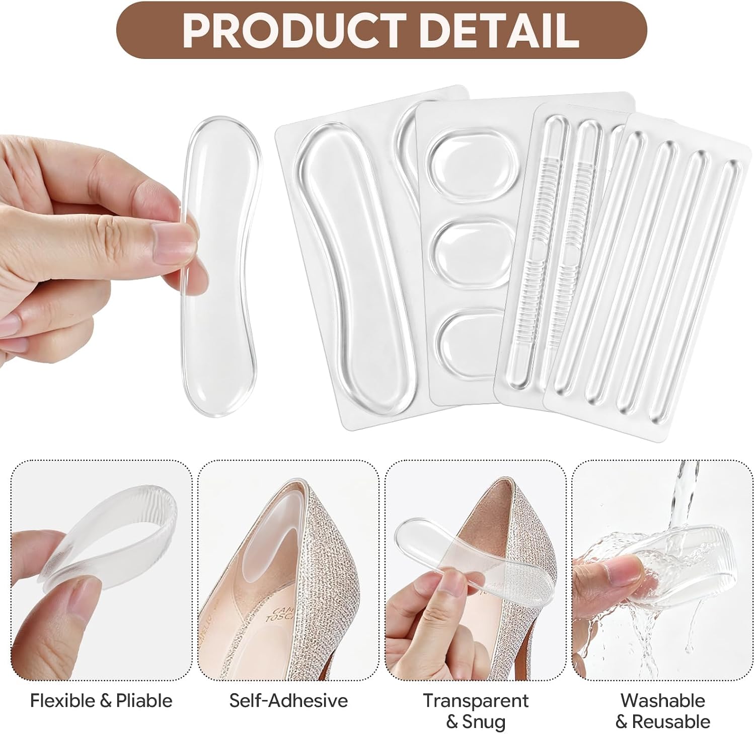 32Pieces Non-Slip Silicone High Heel Grips Strips, Flexible Shoes Cushion Inserts Pads, Clear Foot Protectors Sticker, Self-Adhesive Gel Heel Strip for Women Slingback Shoes, High Heels, Sandals