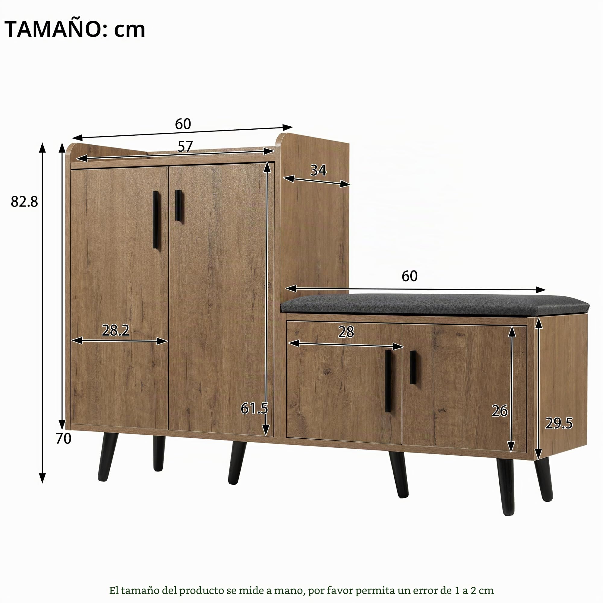 Zapatero moderno, 120 x 34 x 82,8 cm, equipado con cuatro puertas de almacenamiento, asas de metal asimétricas (color madera)
