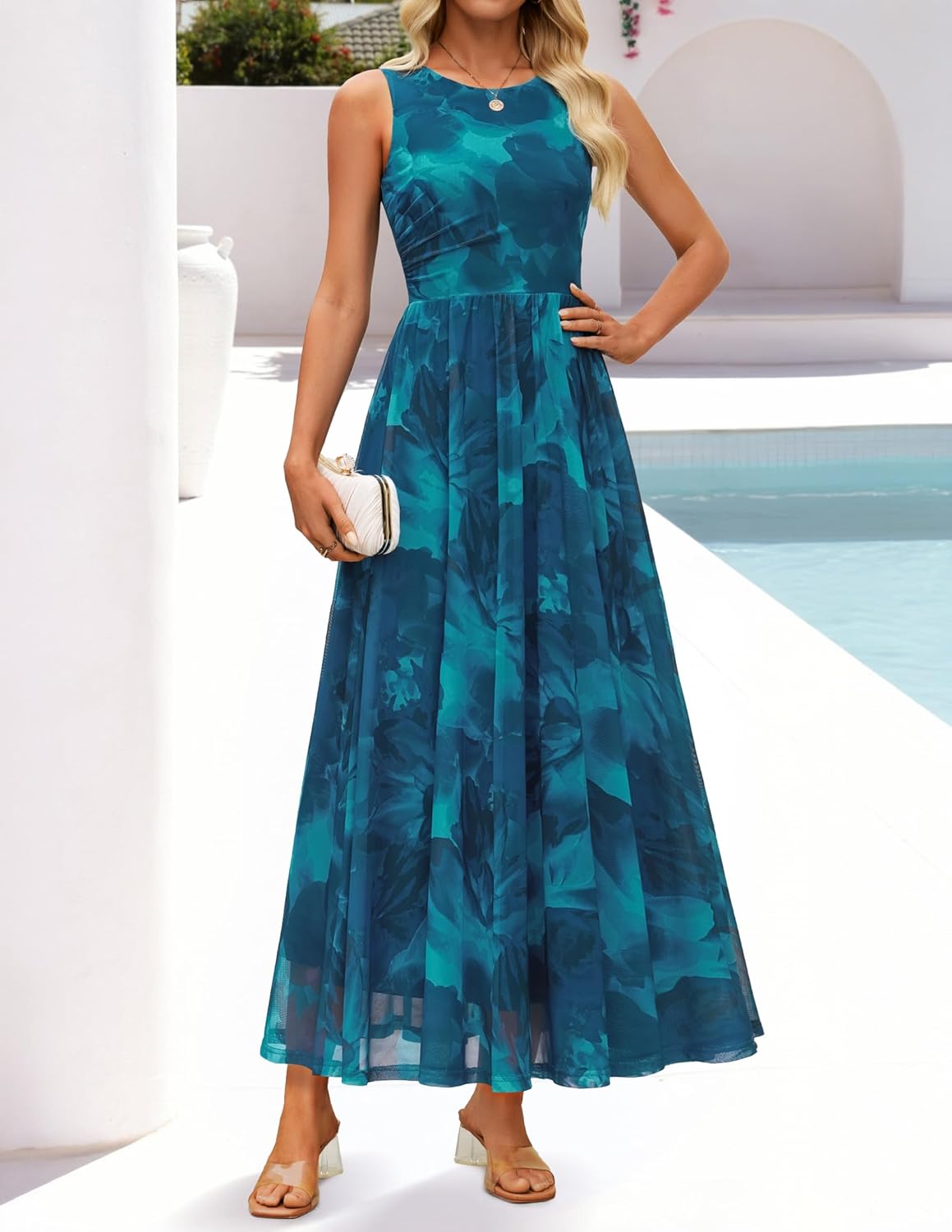 ZESICA Women's Summer Sleeveless Floral Maxi Dress 2026 Casual Crewneck Mesh A Line Flowy Boho Beach Party Long Dresses