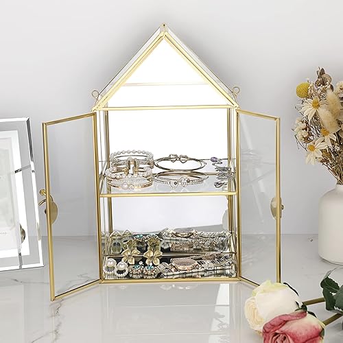 Miniatura 9 de ELLDOO Caja de almacenamiento de cristal transparente de 2 niveles, estuche organizador de maquillaje de joyería con espejo dorado, caja de torre