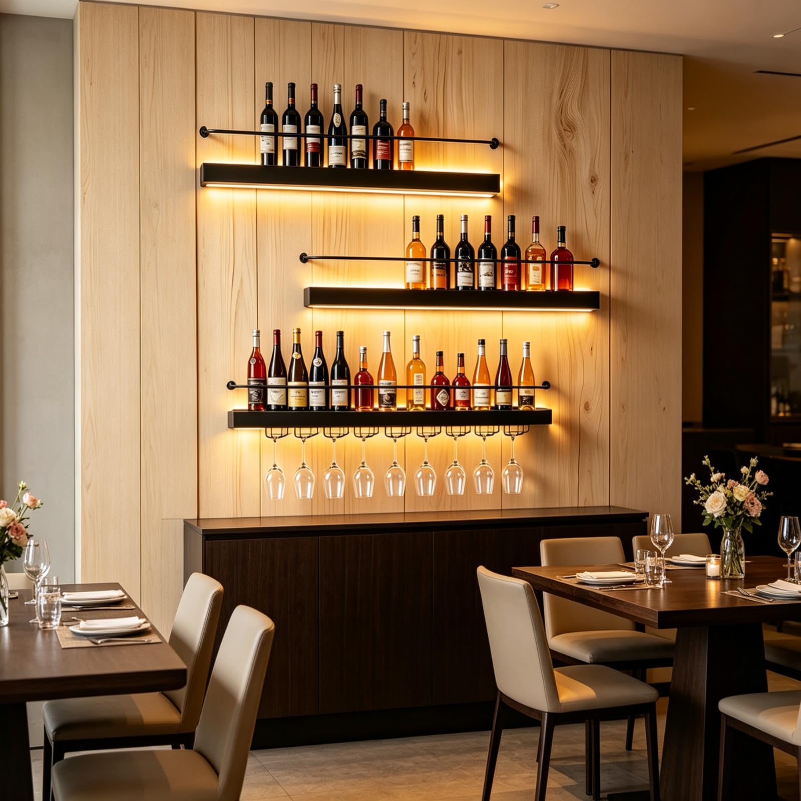 Estante de Vino de Pared con Luz LED, Hierro Negro (Negro, 100CM) | Hierro negro resistente; Incluye soporte para copas; Luz LED cálida; Montaje rápido; Ideal para cocina y bar.