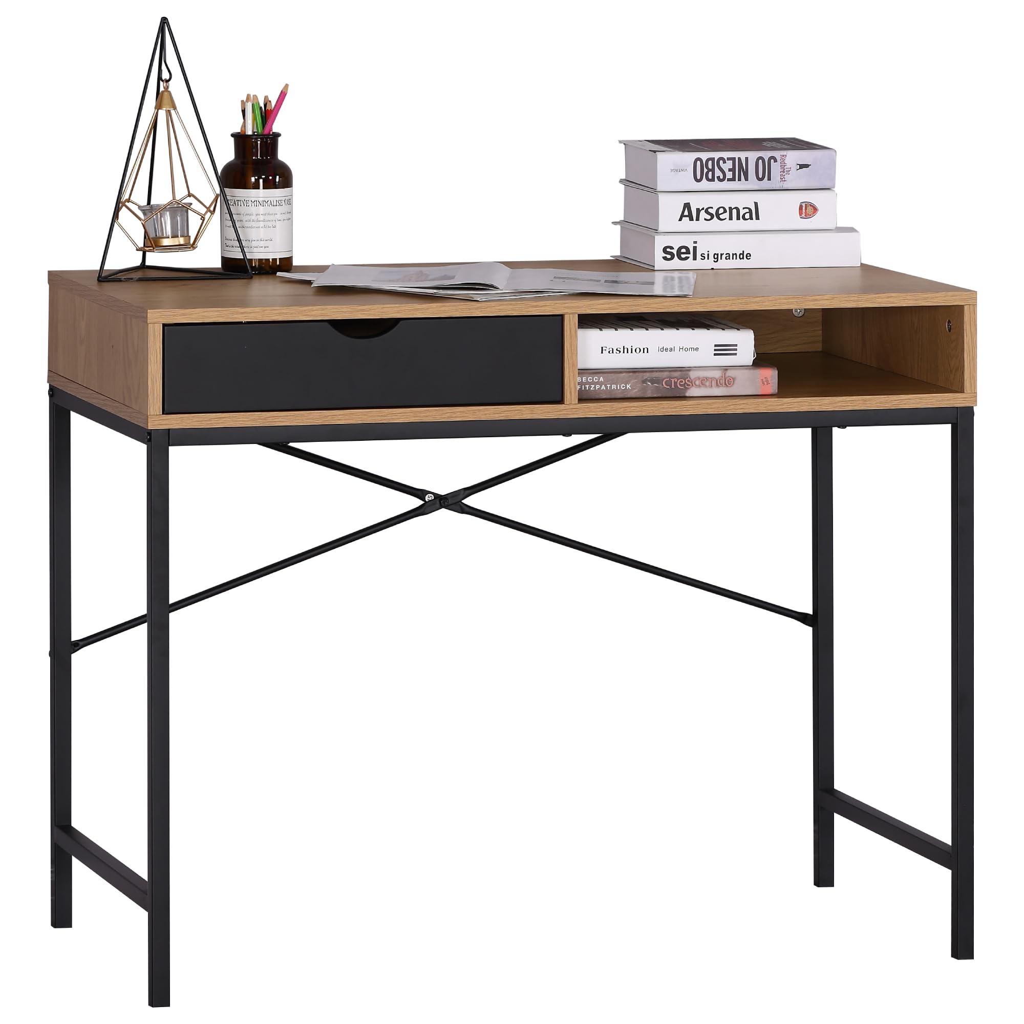 Escritorio Mesa de Ordenador con Cajón y Compartimento Abierto, Marco de Acero y Madera Color Roble 95x48x76,3cm para Estudio, Oficina, Despacho, Dormitorio y Teletrabajo
