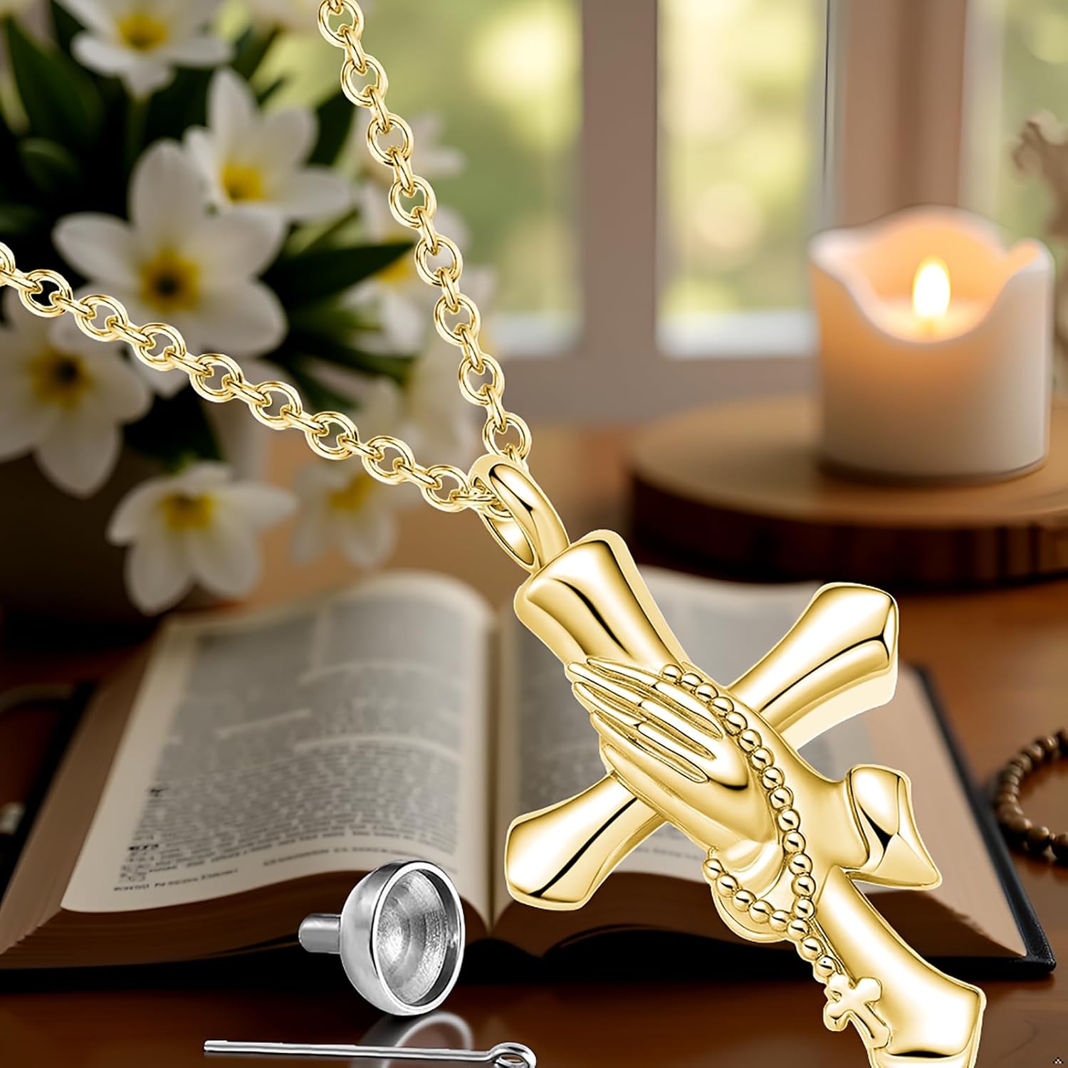 Praying Hands Cremation Jewelry Cross Urn Necklaces for Ashes Memorial Keepsake Women Men - Image 4