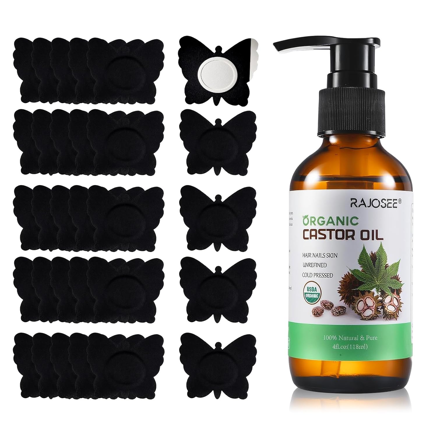 30Pcs Black Butterfly Castor Oil Belly Patches with 4oz Organic Castor Oil in Glass Bottle, Self-Adhesive Highly Absorbent Cotton Belly Button Pack