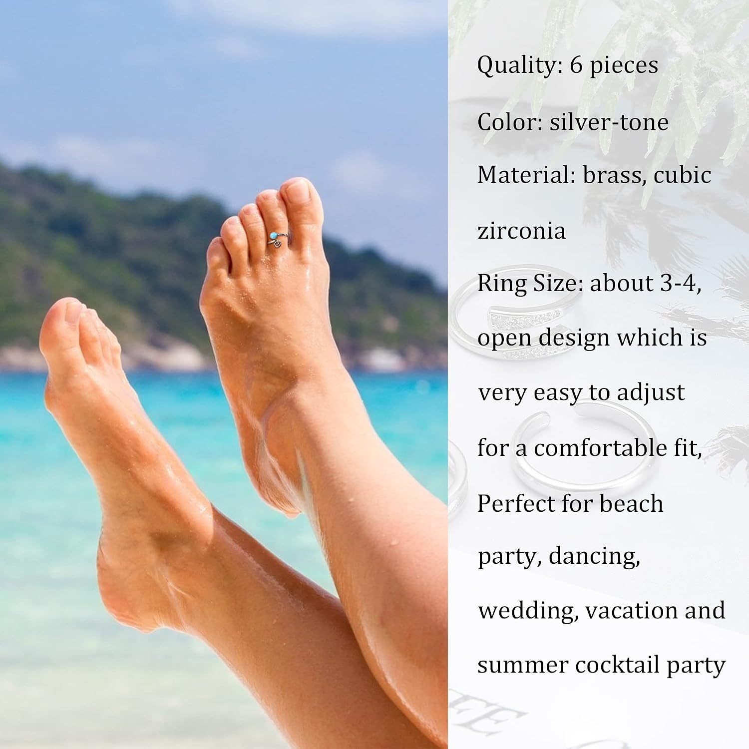 FIBO STEEL 6Pcs Toe Rings Adjustable Open Toe Rings for Women Cubic Zirconia Band Flower Infinite Toe Ring Set Summer Beach Jewelry