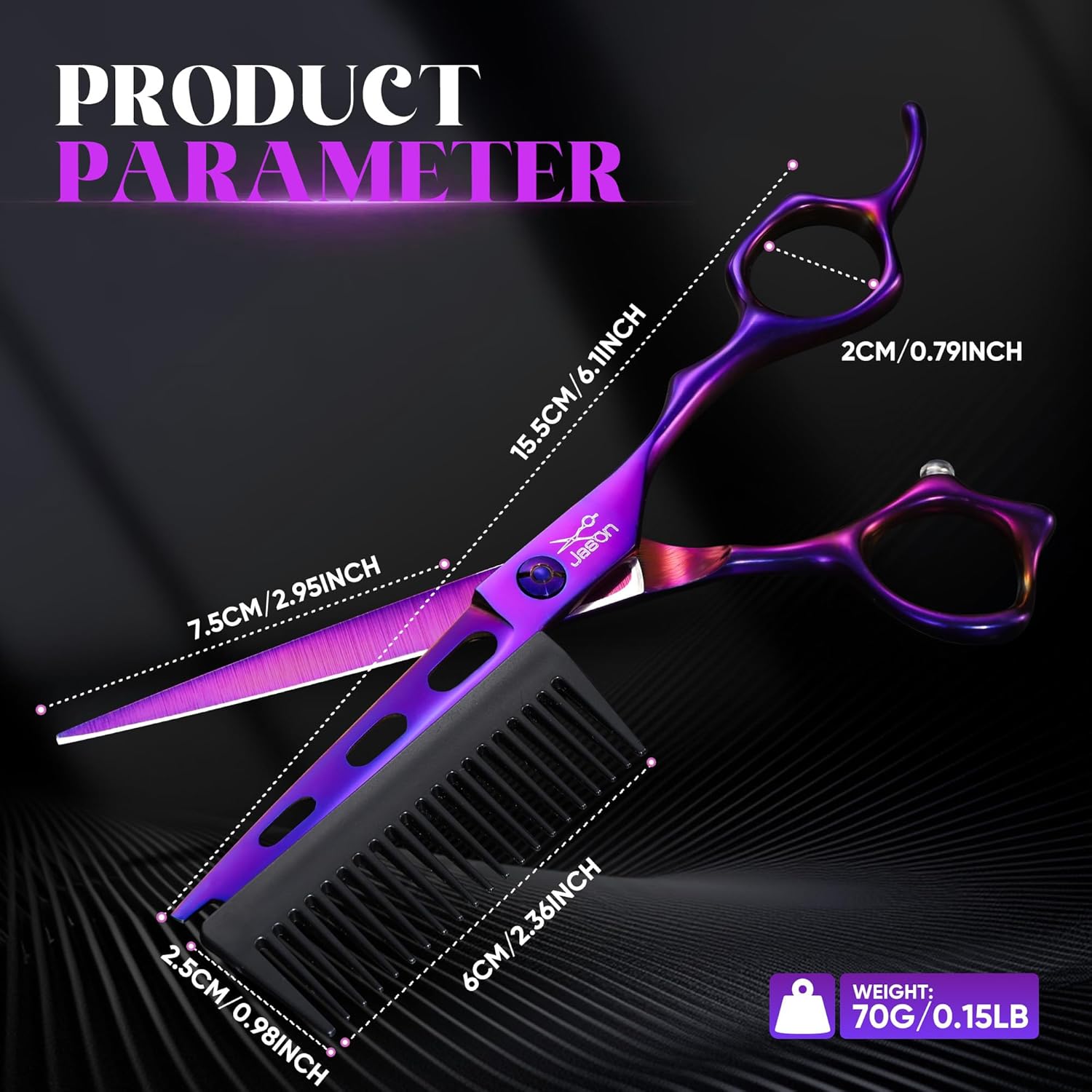 JASON 6 Inch 2 IN 1 Hair Cutting Scissors With Detachable Comb Professional Barber Shears 440C Japanese Stainless Steel with Ergonomic Hair Cutting Shears Offset Handle Razor Sharp Comfortable Purple
