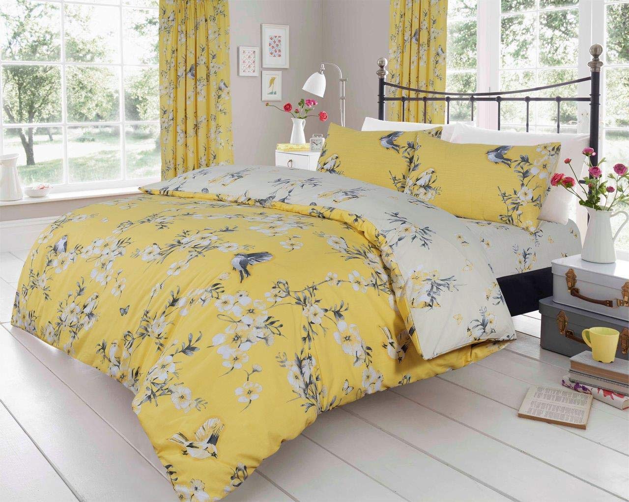 LJ Birdie Blossom Floral Birds Pattern Duvet Cover Sets Cotton Rich Quilt Cover Sets Fully Reversible Bedding Sets (Ochre, King Size)