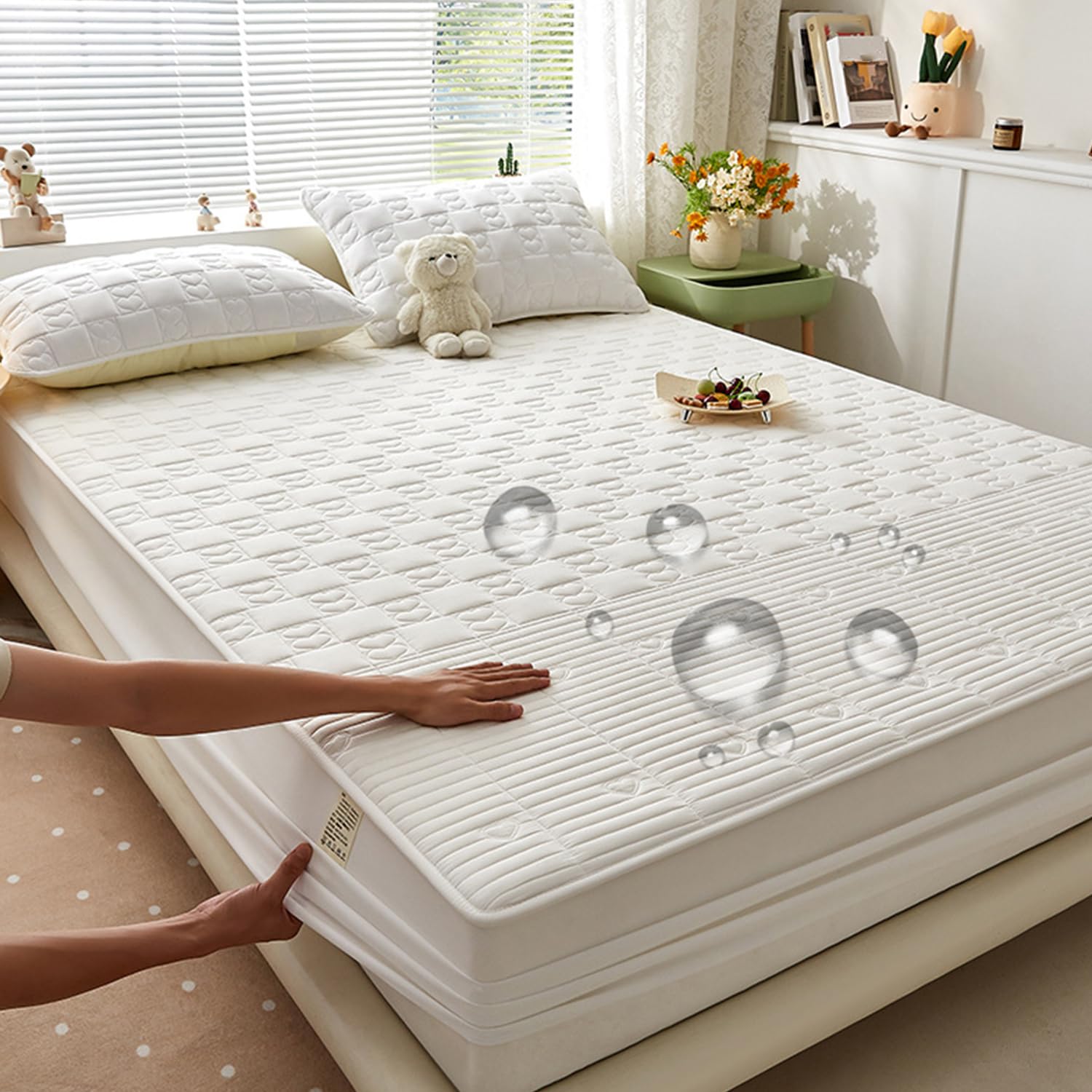 LDLCYCN ,A/white,150 * 200cm/QUEEN, 100% Waterproof Mattress Protector Cover Queen Size Quilted Fitted Sheet