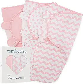 Comfy Cubs Cobertor Easy Swaddle, pacote com 3 - 100% algodão para recém-nascidos, grande para bebês de 3 a 6 meses, saco de dormir respirável e durável para bebês - rosa