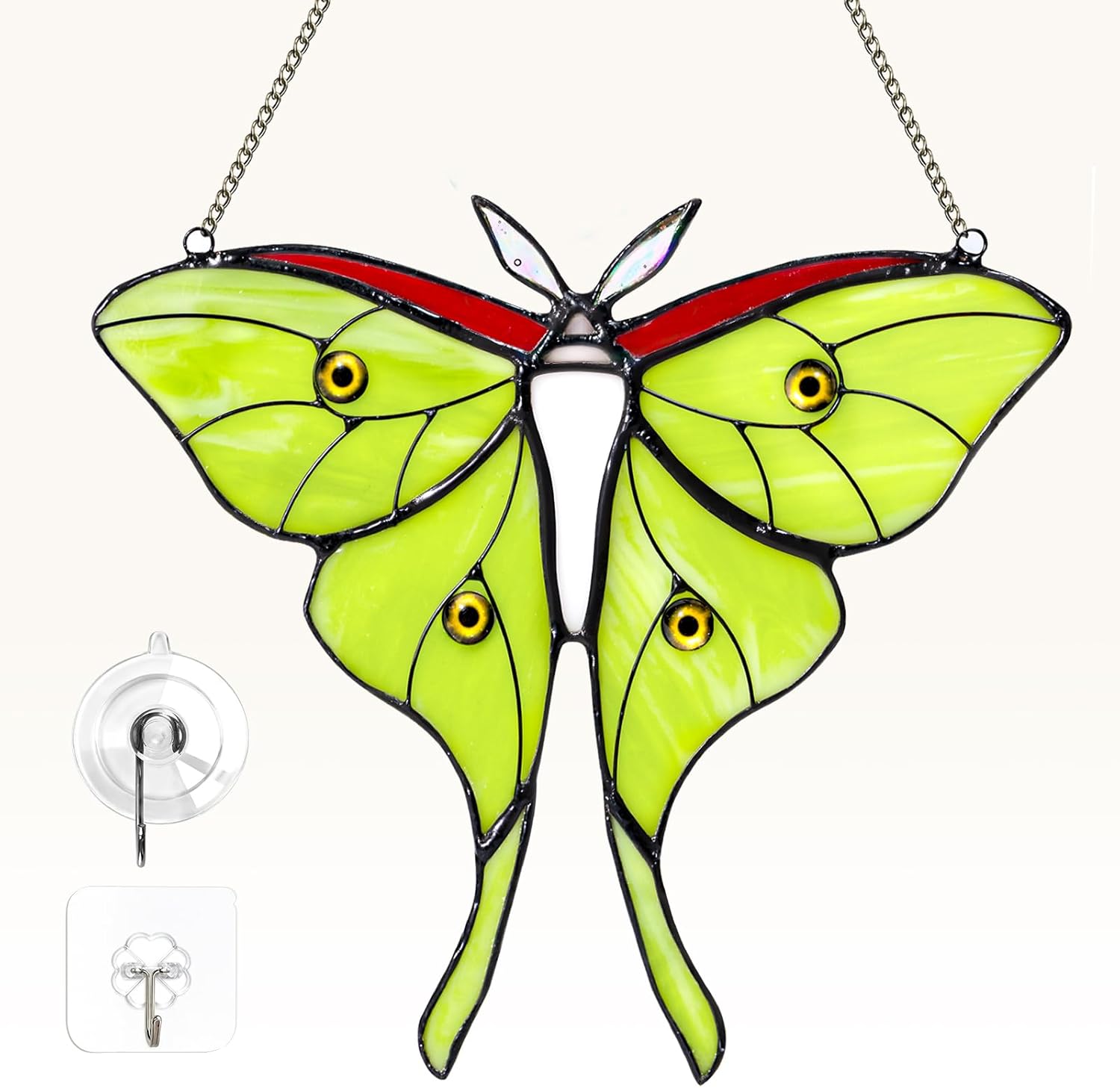 Luna Moth Stained Glass Window Hanging - Handmade Real Glass Suncatcher for Meditation Room, Spiritual Decor, Sun Catcher for Windows, Vibrant Gift for Women & Mom, 7.3 Inch Glass Art (Green02)