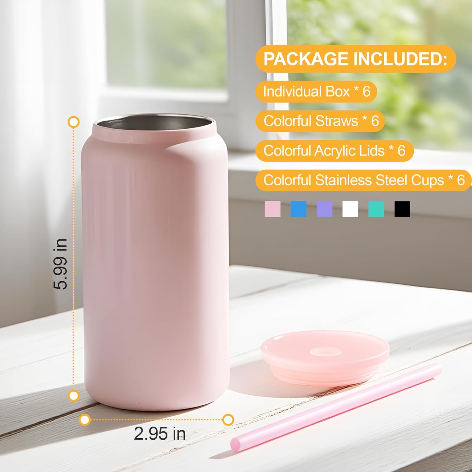 6 Pack Glass Cups with Lids and Straws Unbreakable 16 oz Stainless Steel Can Cup Double Wall Insulated Beer Can Tumbler for Iced Coffee, Juice, Soda, Bright-Colored - Image 7