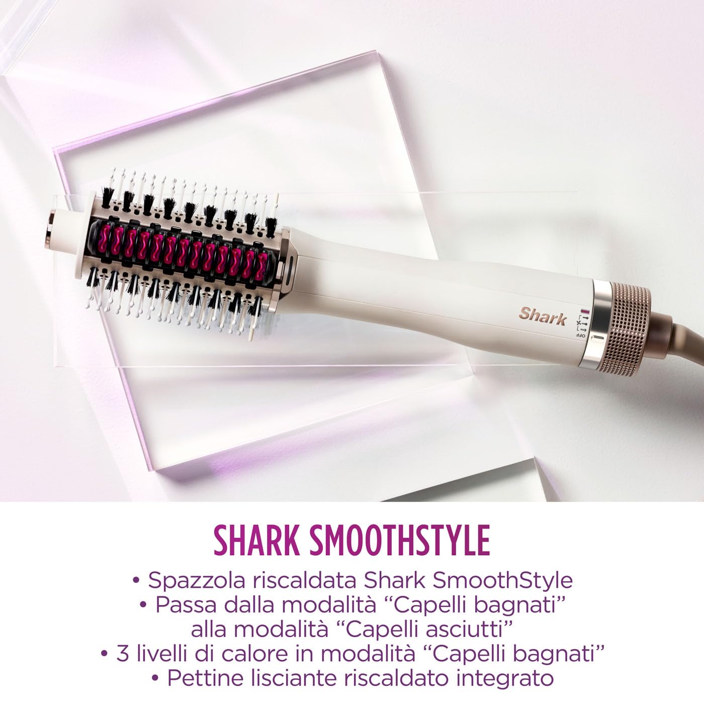 Shark SmoothStyle, Spazzola e pettine riscaldati, modalità wet & dry, spazzola ad aria calda 3 temperature, per tutti i tipi di capelli, seta HT202EU