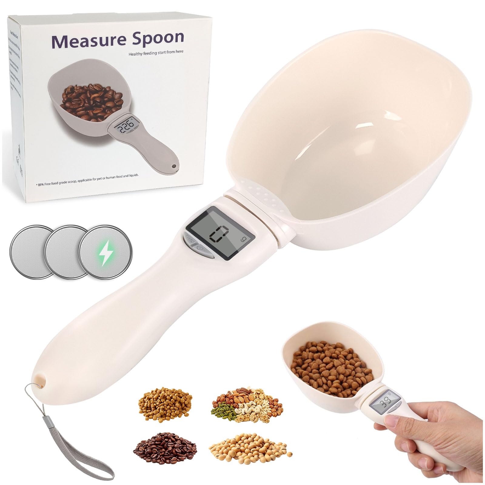 Digital Measuring Spoon,Food Measuring Scoop Scale,Polygons Measuring Spoons with 3 Batteries,Weighing Spoon Scale 800g/0.1g Precision with LCD Display for Dispensing Condiments and Dog Cat Food