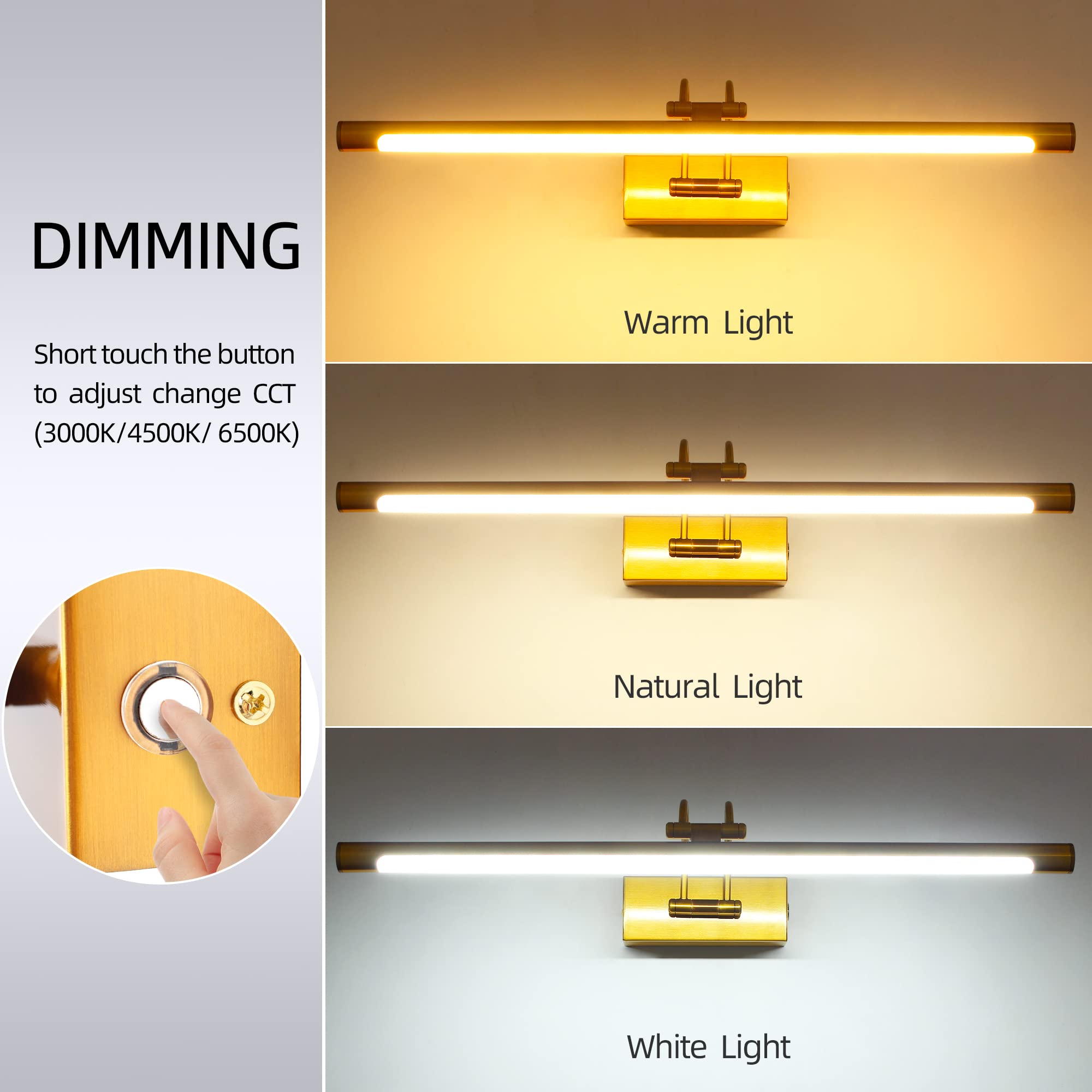 Lampe de miroir LED salle de bain 60 cm 12W 3 températures de couleur intensité variable interrupteur tactile pour Tableaux et Vitrines Laiton