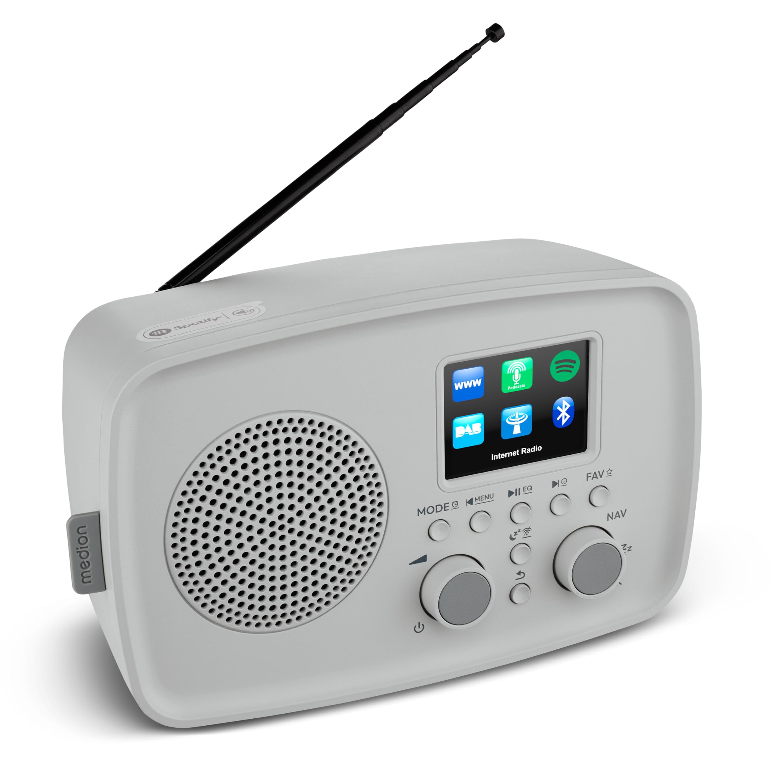 MEDION Radio Internet avec Dab+ IRE-1 (Dab+, Wi-FI, FM, Bluetooth, étanche, antenne télescopique, Spotify Connect, réveil, minuterie, dimmer) Gris