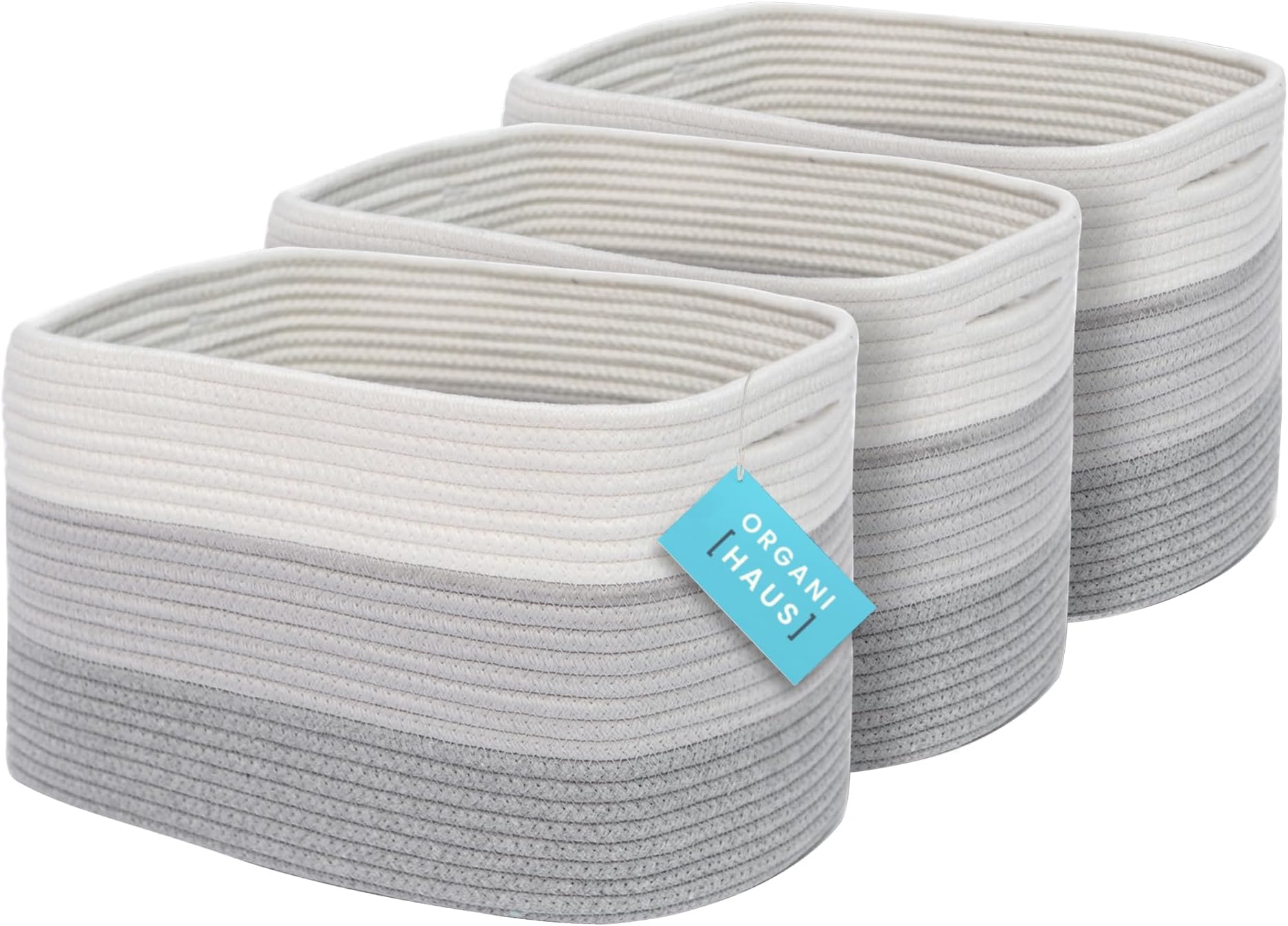 OrganiHaus Woven Baskets for Storage Set of 3 | Small Woven Baskets for Organizing | Cotton Rope Baskets for Storage | Towel Baskets for Bathroom | Decorative Soft Storage Basket Bins - Grey Basket