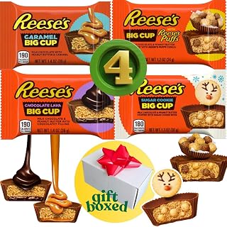 (PACK OF 4) Big Cup Reeses Variety Pack Peanut Butter Cups (Caramel, Lava, Puff Chocolate, Peanut Butter) - One of Each Flavor - Comes Inside a Gift Box Perfect To Surprise Yourself/Friend/Loved One (Big, All Flavors)