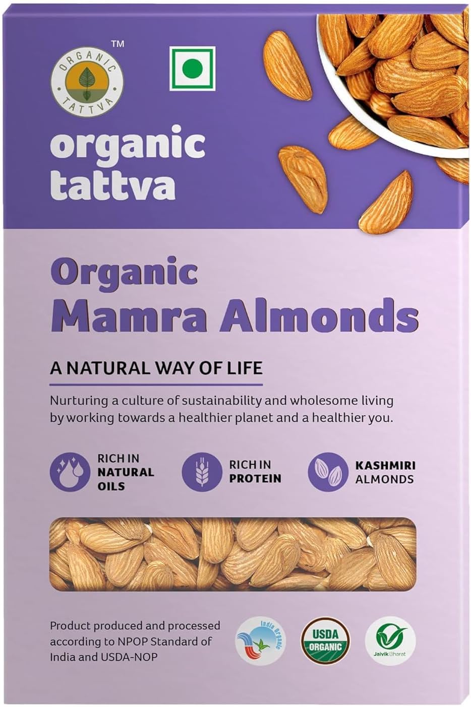 Organic Tattva, Organic Kashmiri Almonds - 250gm | Indian Mamra|Rich in Protein and Dietary Fibre | Rich in Natural Oils(Vitamin E) | Source of Iron, Calcium and Manganese | NO Cholesterol and NO Trans-Fat | Naturally Gluten Free | Pack of 1