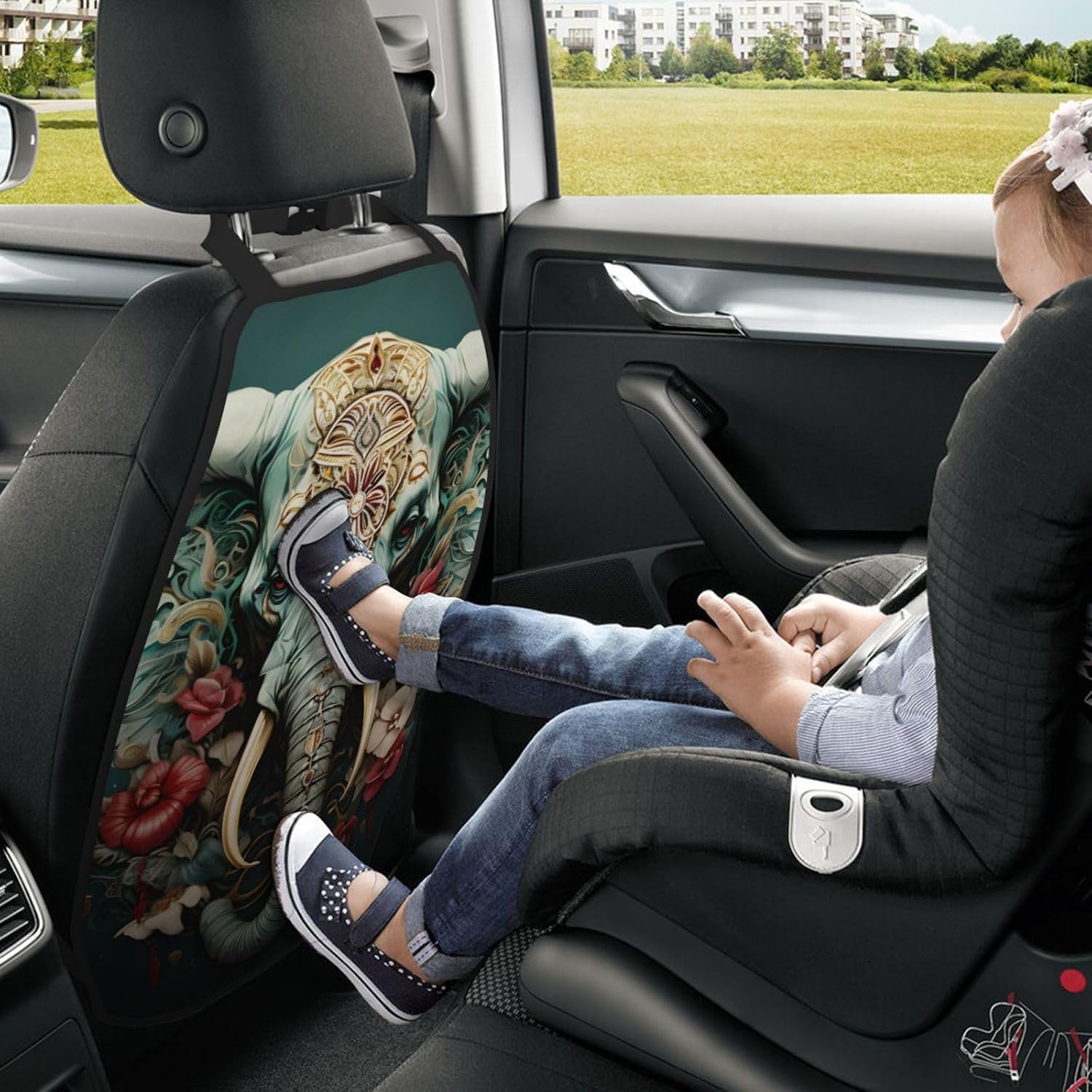 Car Seat Back Kick Protector 2 Pack 18.5x26.4 Inch, Vintage Elephant Floral Anti-Kick Pad, Waterproof Oxford Fabric Large Rear Seat Cover for Kids Pets Fits SUV Jeep Truck Sedan