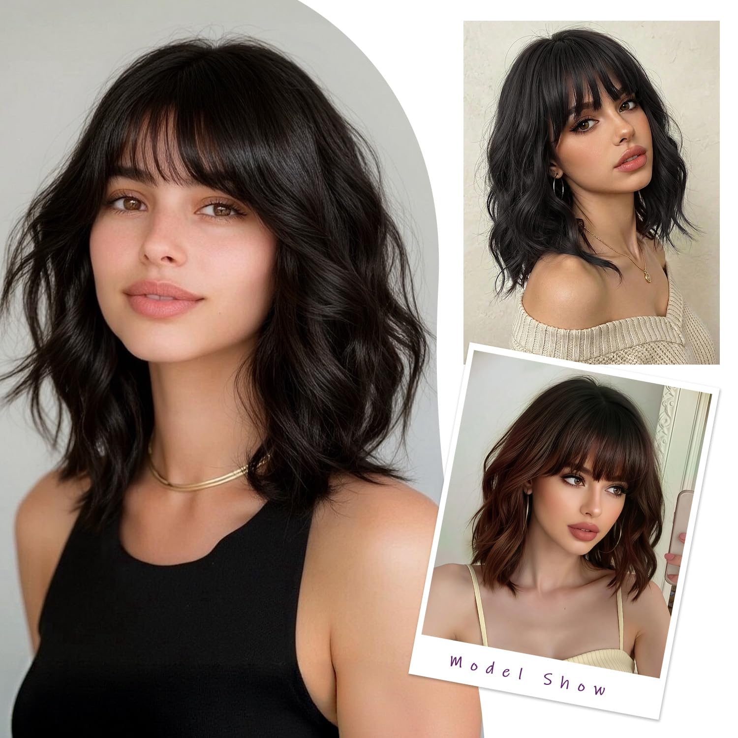 Short Wavy Wigs for Women Bob Wavy Wig with Bangs Shoulder Length Women's Synthetic Heat Resistant Fiber for Daily Party Use Ombre Brown 14Inch - Image 7