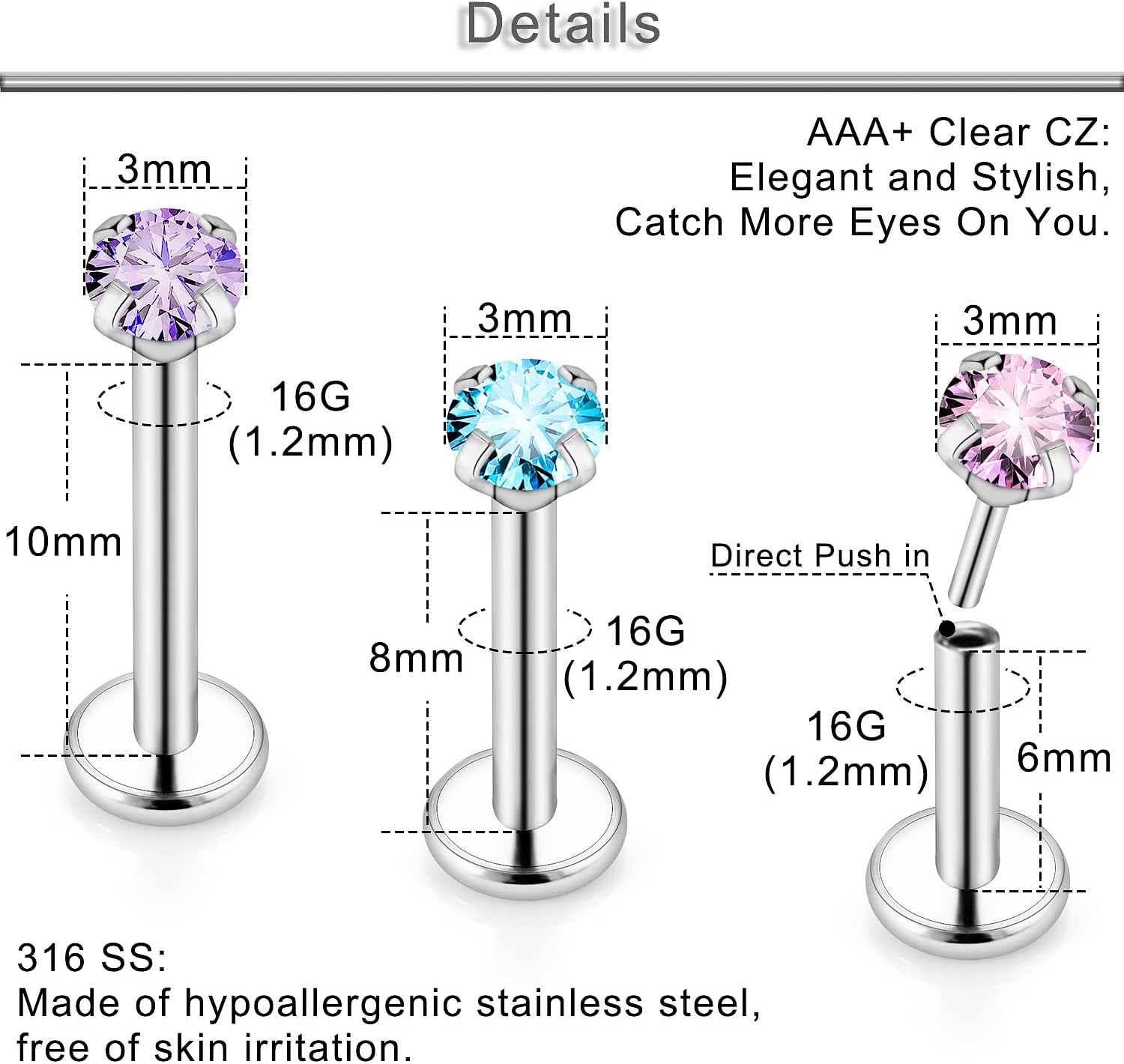 Yaalozei 20G 18G 16G Threadless Push in Lip Labret Nose Rings Studs Surgical Steel Monroe Medusa Cartilage Helix Tragus Earrings Stud Piercing Jewelry for Women Men 6mm 8mm 10mm Bar CZ 3mm - Image 2