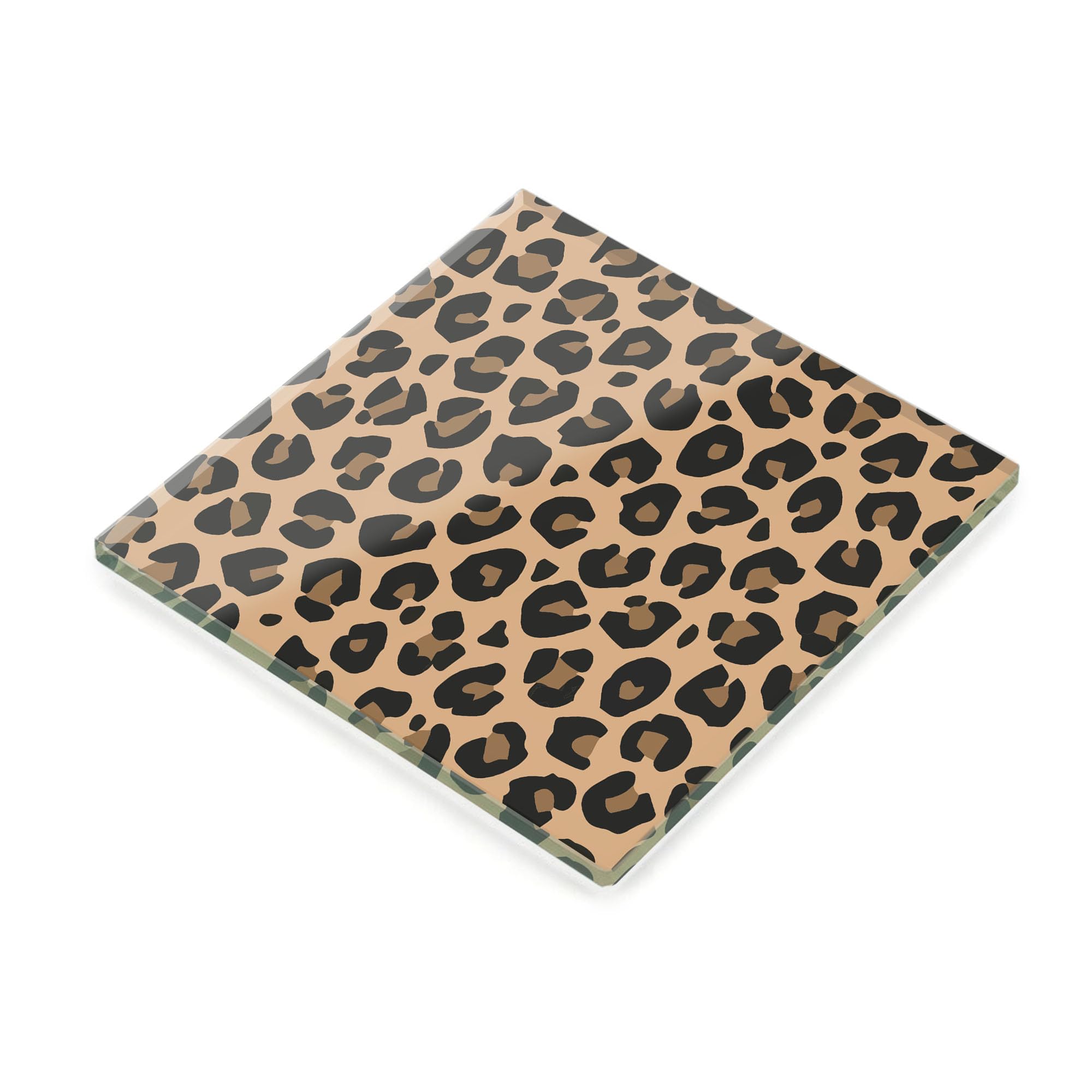 Leopard Print Tempered Glass Coaster – Wild Animal Square Drinkware Home Décor (Plain Packaging)