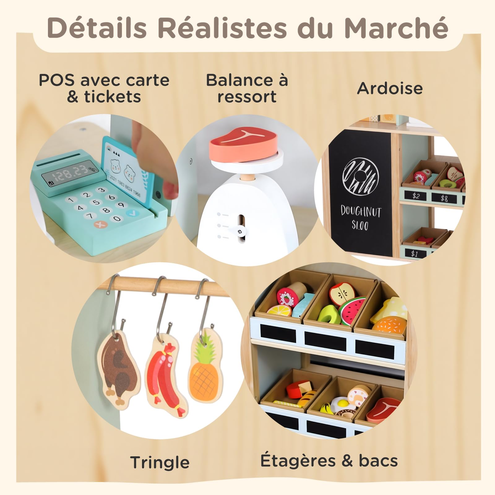 Nene Toys Marchande Enfant en Bois – Stand Marchande / Épicerie Tout-en-Un avec Caisse enregistreuse, Balance, Ardoise, Bacs inclinés & Roulettes – Côté réversible avec Four – Jouet 3–7 ans