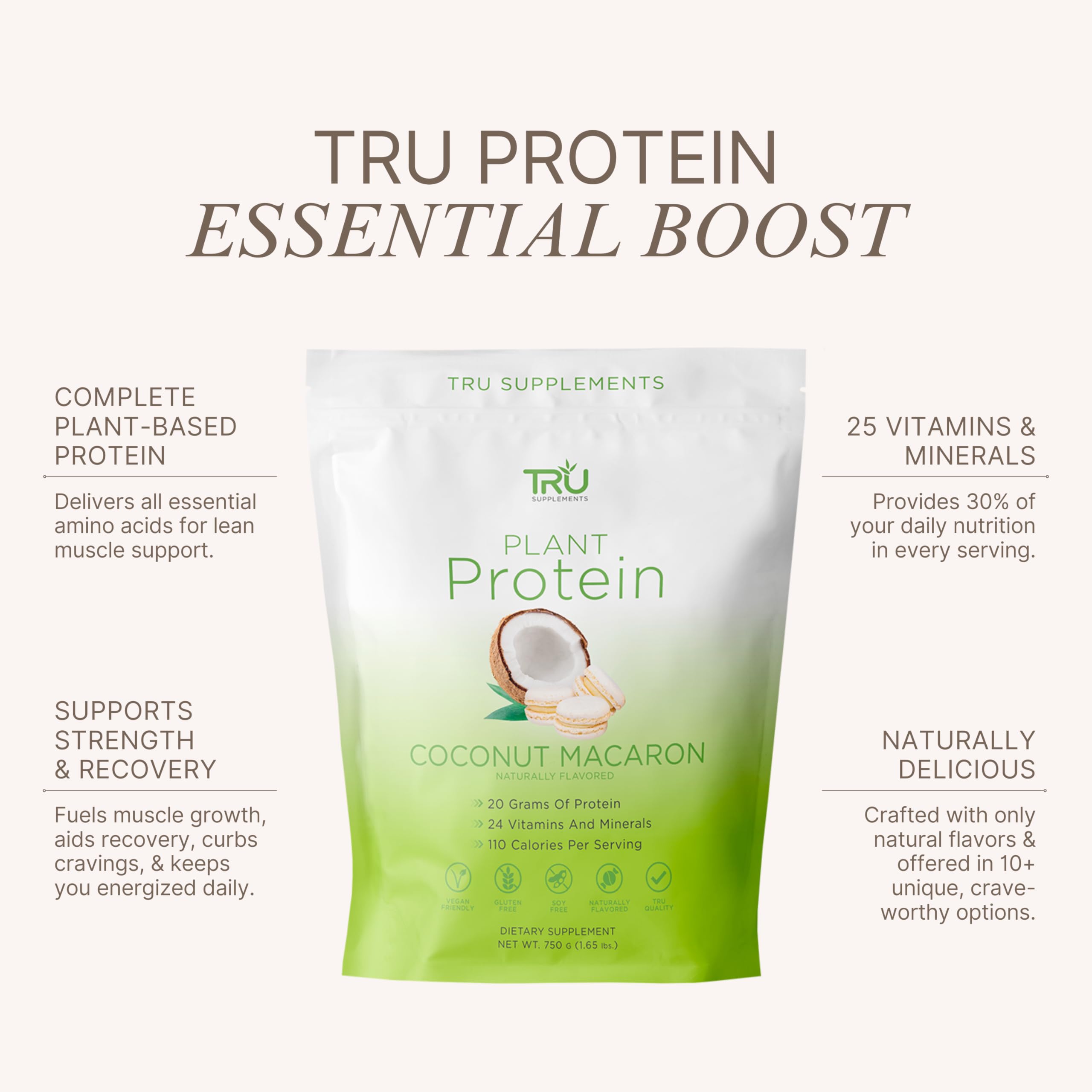 TRU Supplements Plant Based Protein Powder, BCAA, EAA, 20g Vegan Protein, 100 Calories, 27 Vitamins, No Artificial Sweeteners 25 Servings (Coconut Macaron)