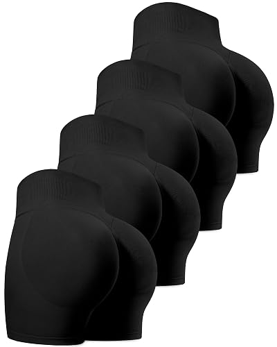 CHRLEISURE Workout Shorts for Women, High Waisted Butt Lifting Scrunch Sports Seamless Gym Shorts Set - 4 Packs (Black, Black, Black, Black) - Small