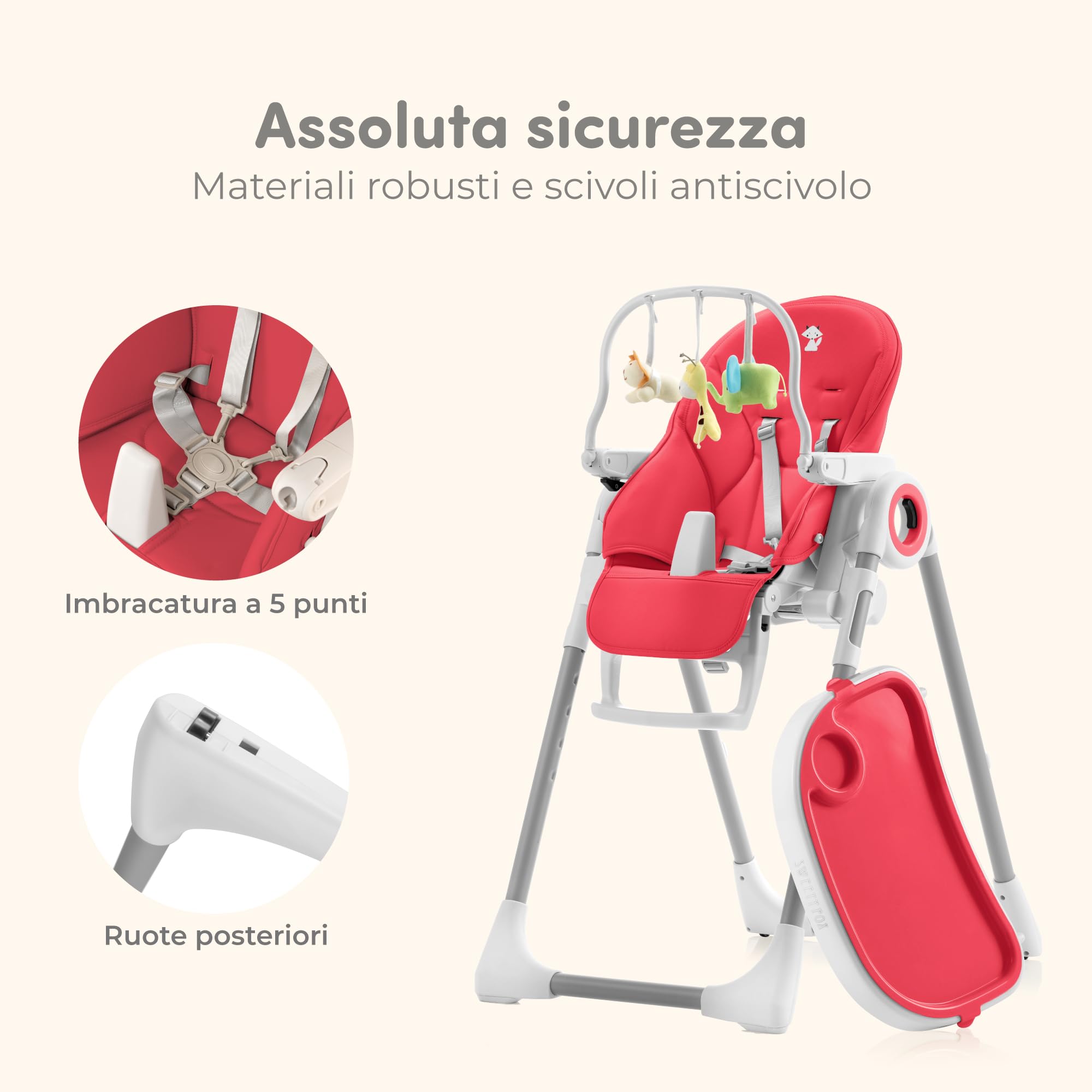 Seggiolone Pappa Regolabile e Pieghevole - 7 Livelli Diverse, Schienale Bambino Pieghevole 5 Posizioni, Ripiano Smontabile, Vassoio a Clip (Facile da Pulire) - Rosso Lampone