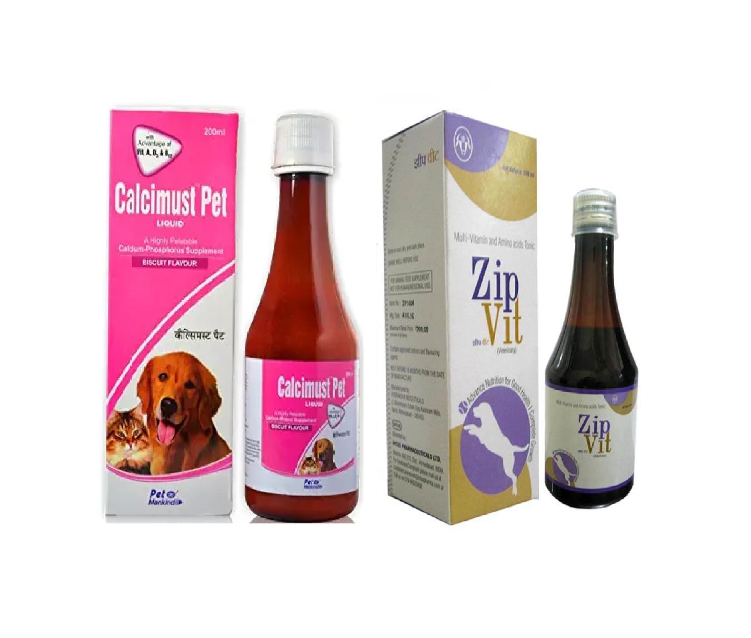 SAVSUBH Calcimust Pet Syrup, Calcium Supplement for Strong Bones & Healthy Skin 200ML with ZipVit Multi-Vitamin and Amino Acids Tonic -200ml