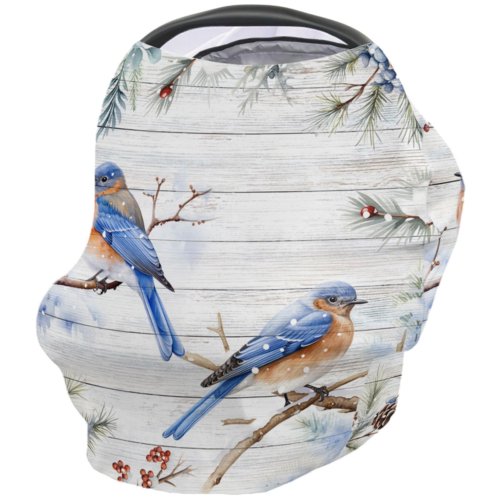 Nursing Cover for Breastfeeding Scarf, Blue Bird Red Berries Pine Branch Wood Grain Christmas Baby Car Covers Super Soft Multi Use for Canopy Shopping Cart Cover Blanket Stroller Cover