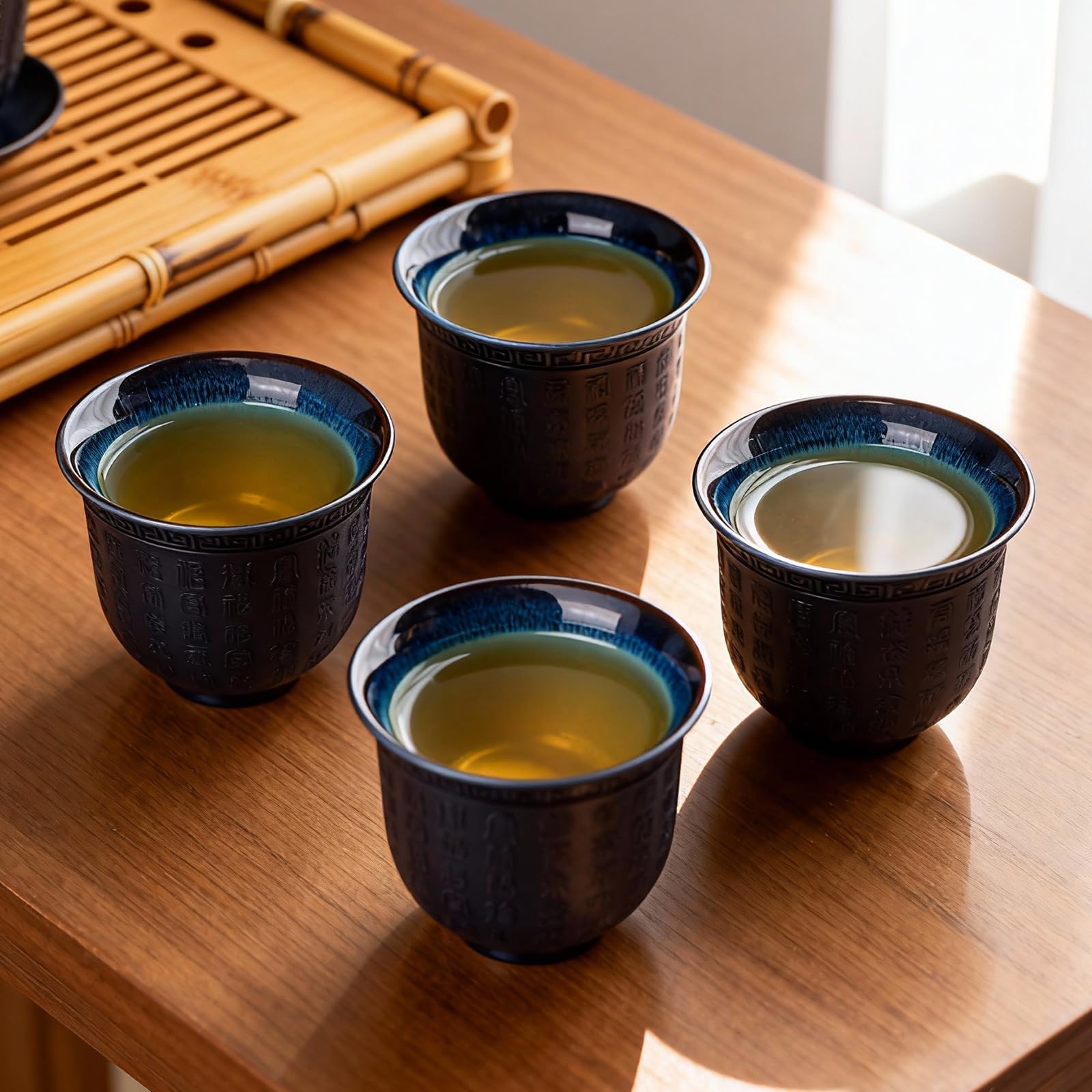 4 tazze da tè giapponesi, 165 ml, tazze da tè asiatiche, cuore buddista Sutra, in ceramica, con motivo a forma di cuore, viola, per tè, sake, espresso, caffè, tazza da tè in rilievo