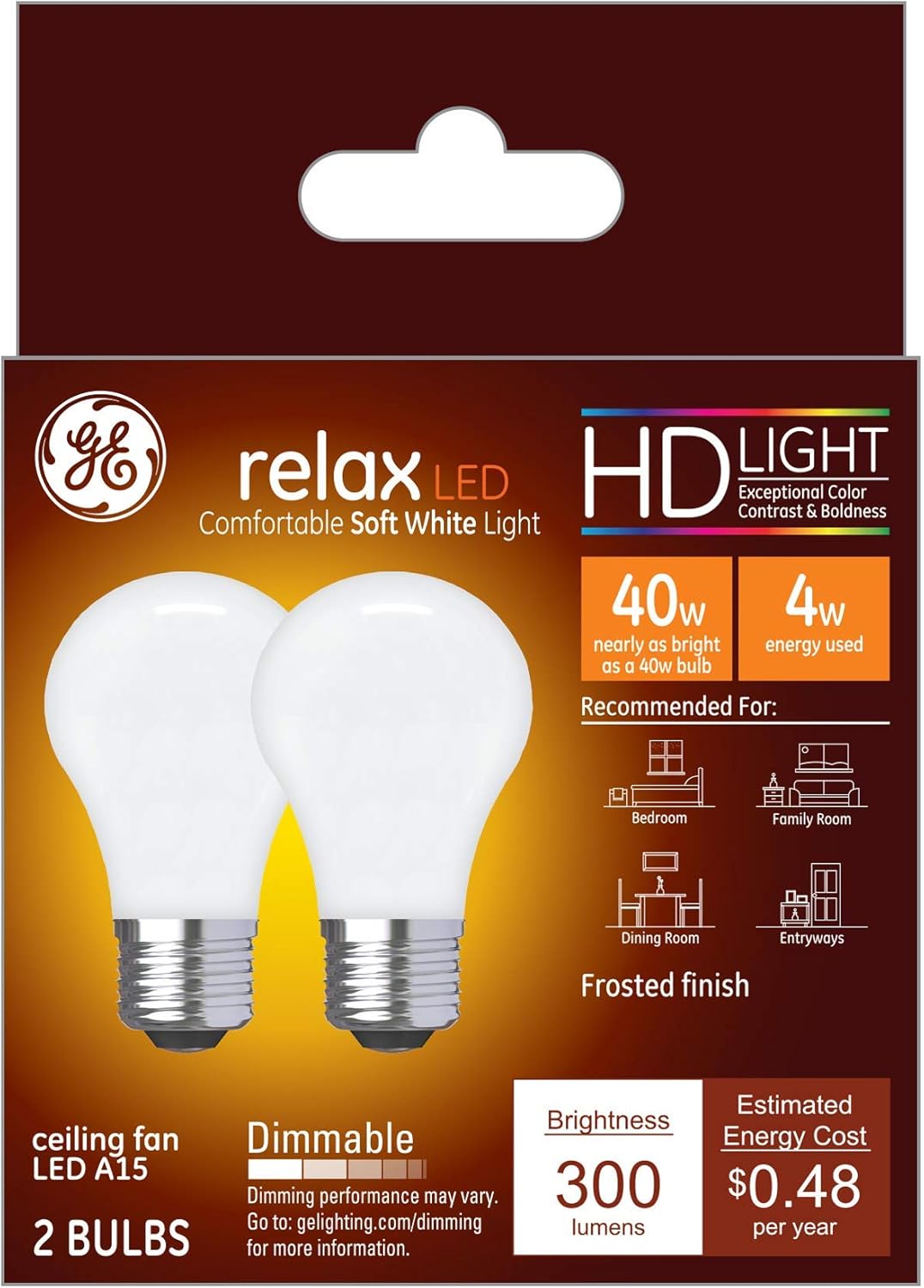 GE Refresh LED Light Bulbs, 40 Watt, Daylight, A15 Ceiling Fan Bulbs, Frosted (2 Pack)