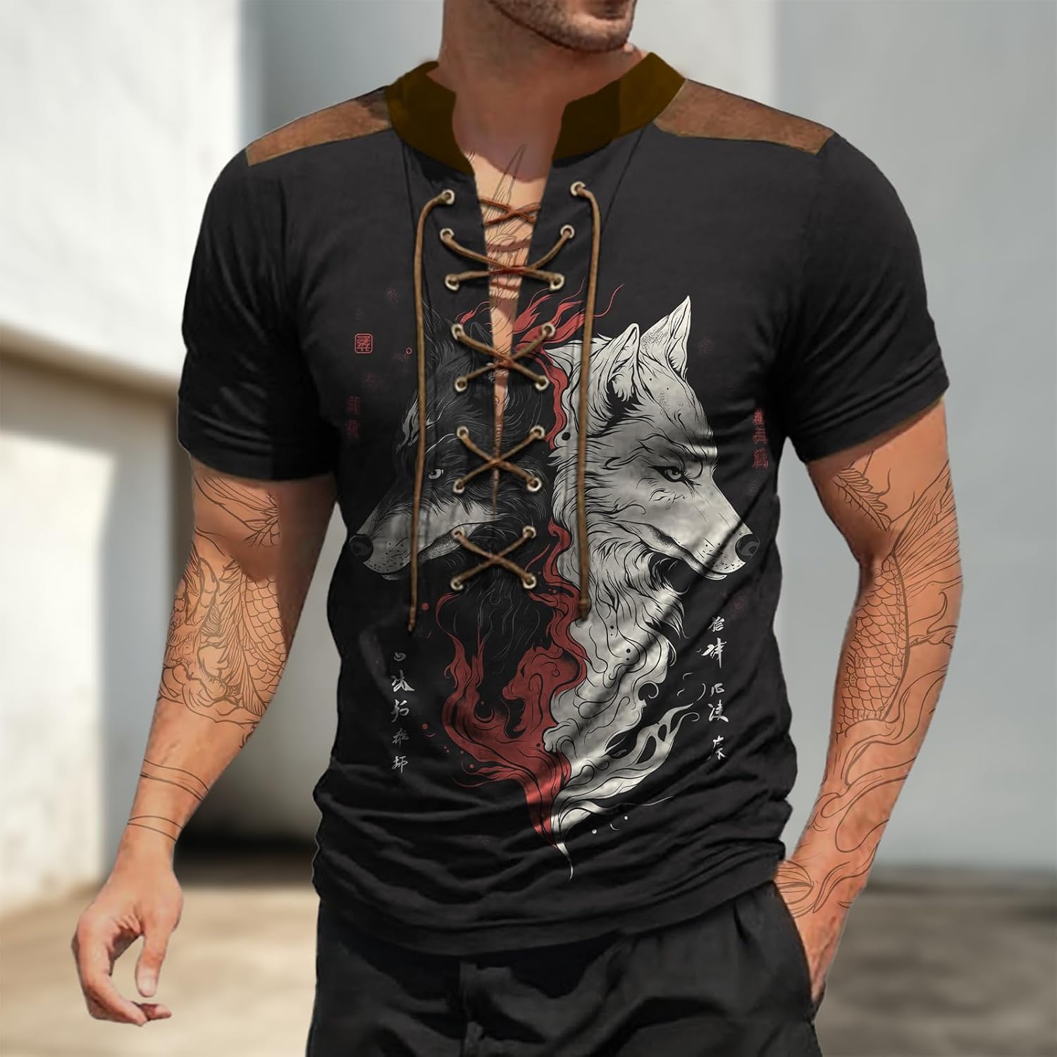 MARSVOVO Summer Short Sleeve Shirts for Men Vintage Gothic Medieval Shirt Lace Up Patchwork Viking Costume