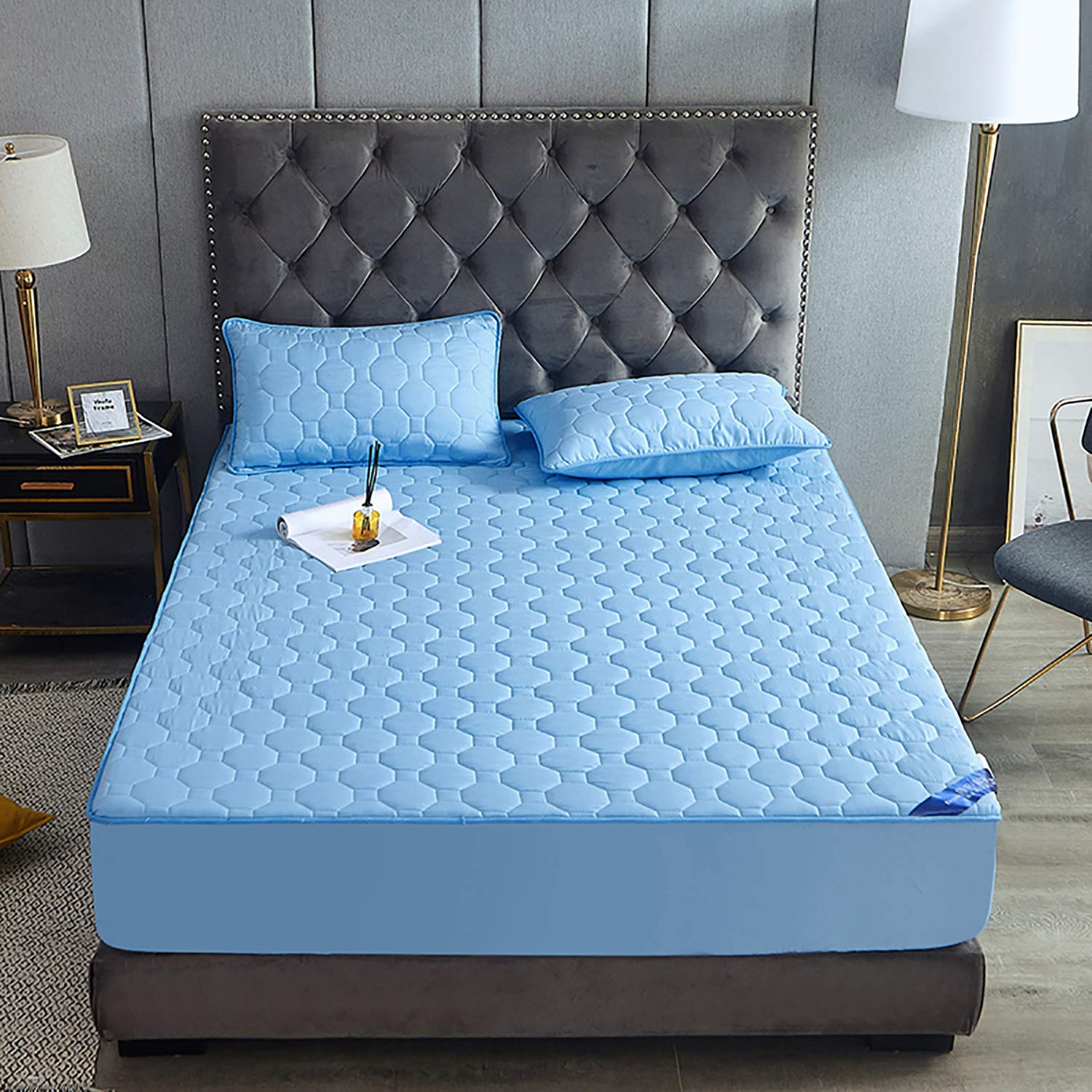 Protector Colchón, Funda Colchón, Transpirable& Fresco, Antiácaros& Hipoalergénico, Lavable& Silencioso, Cubre Colchón, 30cm De Profundidad, con Dos Fundas De Almohada (Azul,180 * 200cm)