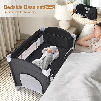 JOYMOR 4 in 1 Pack and Play, Baby Bedside Bassinet, Sturdy Play Yard with Padded Mat and Music Bar with Soft Animals