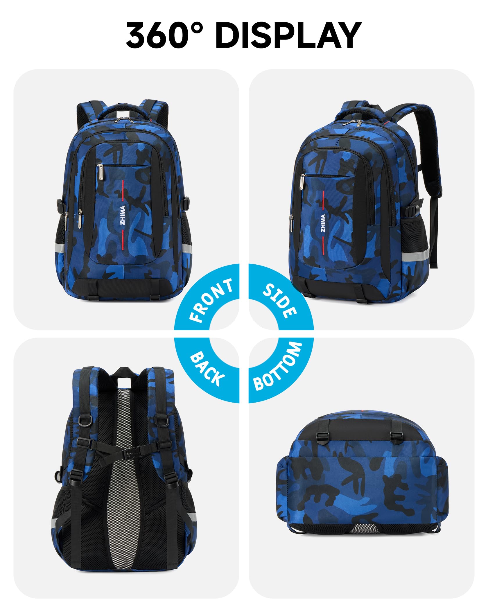 Tanou Zaino Scuola per Ragazzi, Zaino Media Ragazzo Traspirante | 28L Grande Capacità, Zaini Casual Mimetico en Nylon Impermeabile Buono per La Scuola e i Viaggi, Blu